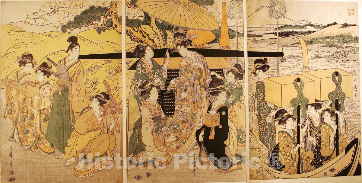 Art Print : At the Ferry Boat Landing, Kitagawa Utamaro, c 1804, Vintage Wall Decor :