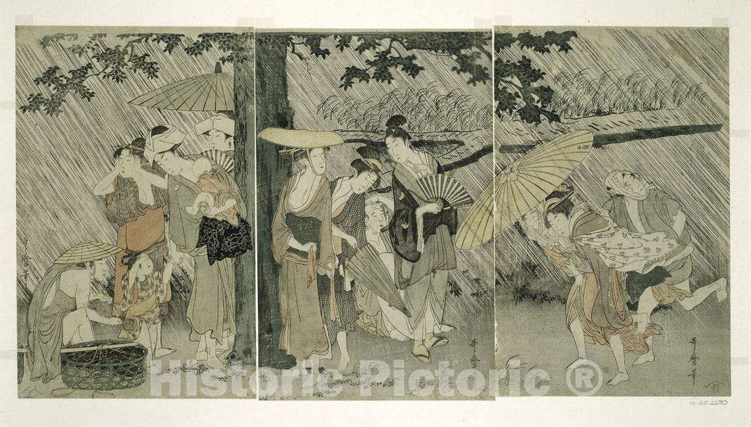Art Print : Sheltering from a Sudden Shower, Kitagawa Utamaro, c 1799, Vintage Wall Decor :