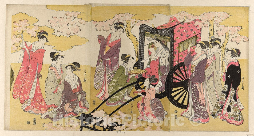 Art Print : Noble woman in a carriage viewing cherry blossoms, ChÃ´bunsai Eishi, c 1796, Vintage Wall Decor :