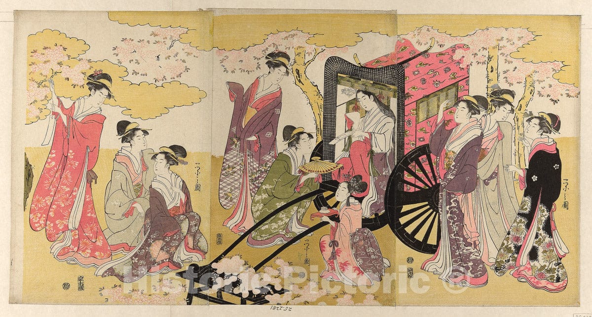 Art Print : Noble woman in a carriage viewing cherry blossoms, ChÃ´bunsai Eishi, c 1796, Vintage Wall Decor :