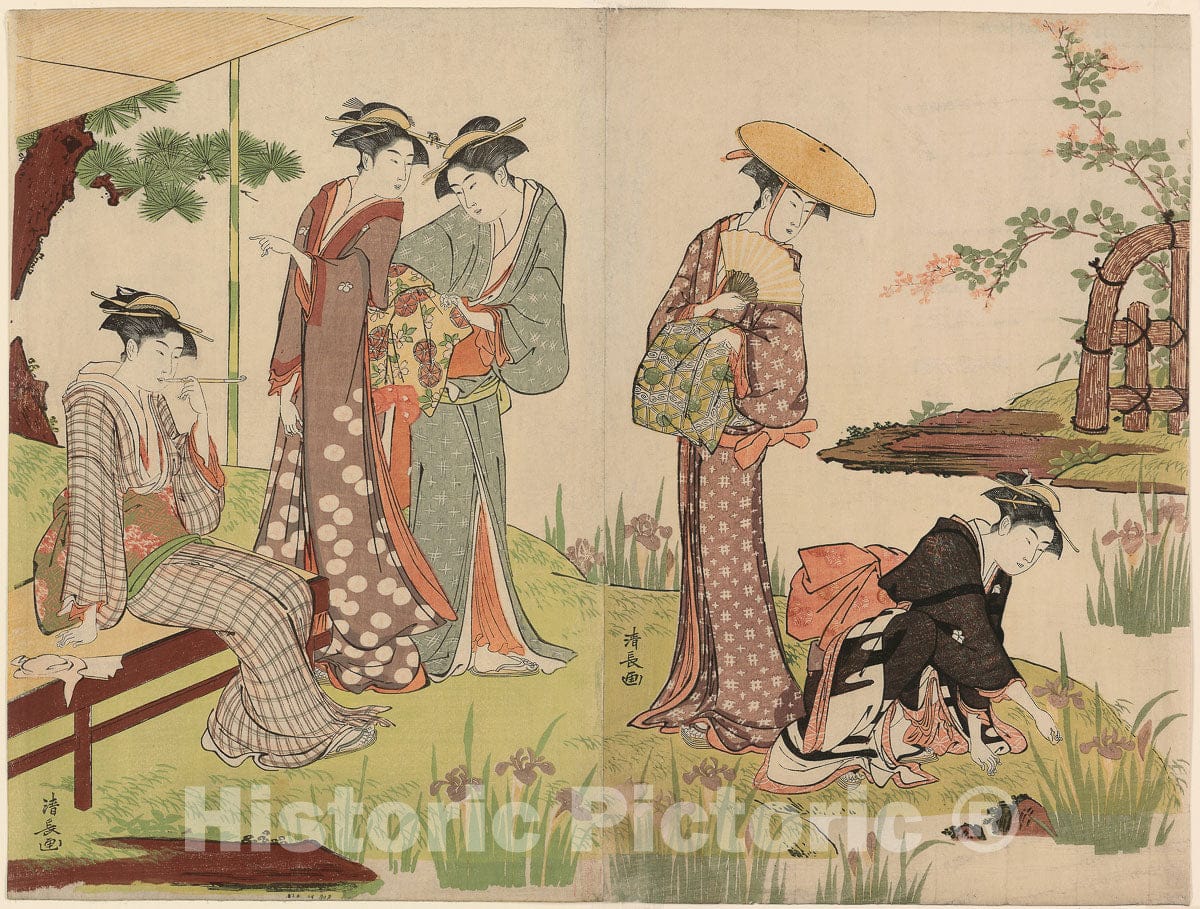 Art Print : By an Iris Pond, Torii Kiyonaga, c 1780, Vintage Wall Decor :