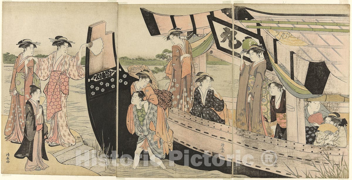 Art Print : Women Coming Ashore from a Pleasure Boat on the Sumida River, Torii Kiyonaga, c 1780, Vintage Wall Decor :