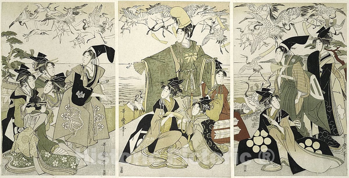 Art Print : Parody of Minamoto no Yoritomo releasing cranes at Yuigahama, Kitagawa Utamaro, c 1781, Vintage Wall Decor :