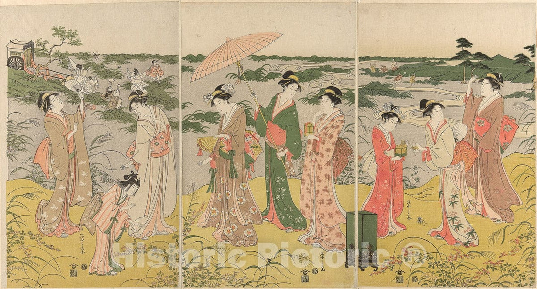 Art Print : Parody of courtly insect hunt, ChÃ´bunsai Eishi, c 1792, Vintage Wall Decor :