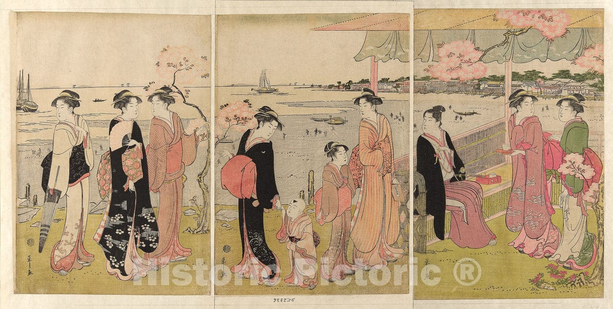 Art Print : Watching the Shellfish Gathering during Low Tide at Shinagawa (Shinagawa shiohigari kenbutsu), ChÃ´bunsai Eishi, c 1793, Vintage Wall Decor :