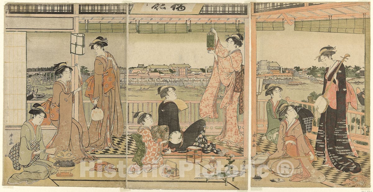 Art Print : A Party Viewing the Moon Across the Sumida River, Torii Kiyonaga, c 1837, Vintage Wall Decor :