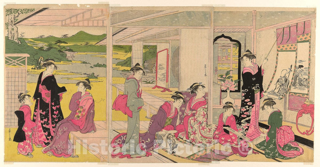 Art Print : Women Viewing Scroll Paintings of the Gods of Good Fortune, ChÃ´bunsai Eishi, c 1802, Vintage Wall Decor :