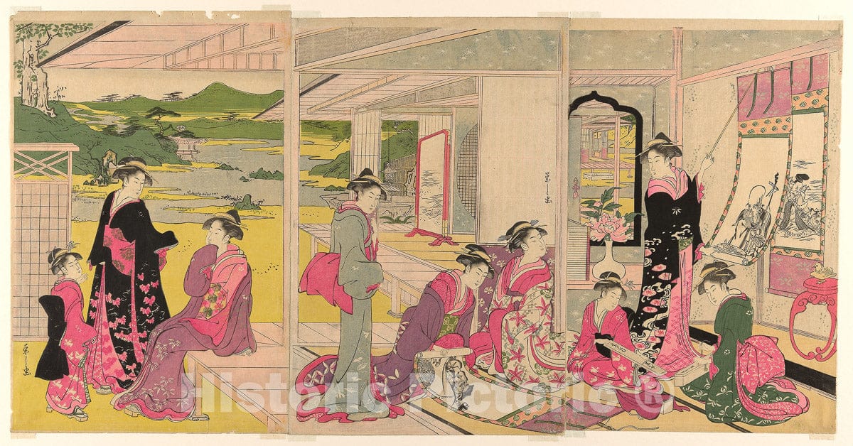 Art Print : Women Viewing Scroll Paintings of the Gods of Good Fortune, ChÃ´bunsai Eishi, c 1802, Vintage Wall Decor :
