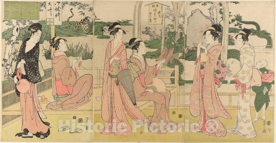 Art Print : Women viewing dragon and tiger made of tobacco pouches, ChÃ´bunsai Eishi, c 1795, Vintage Wall Decor :