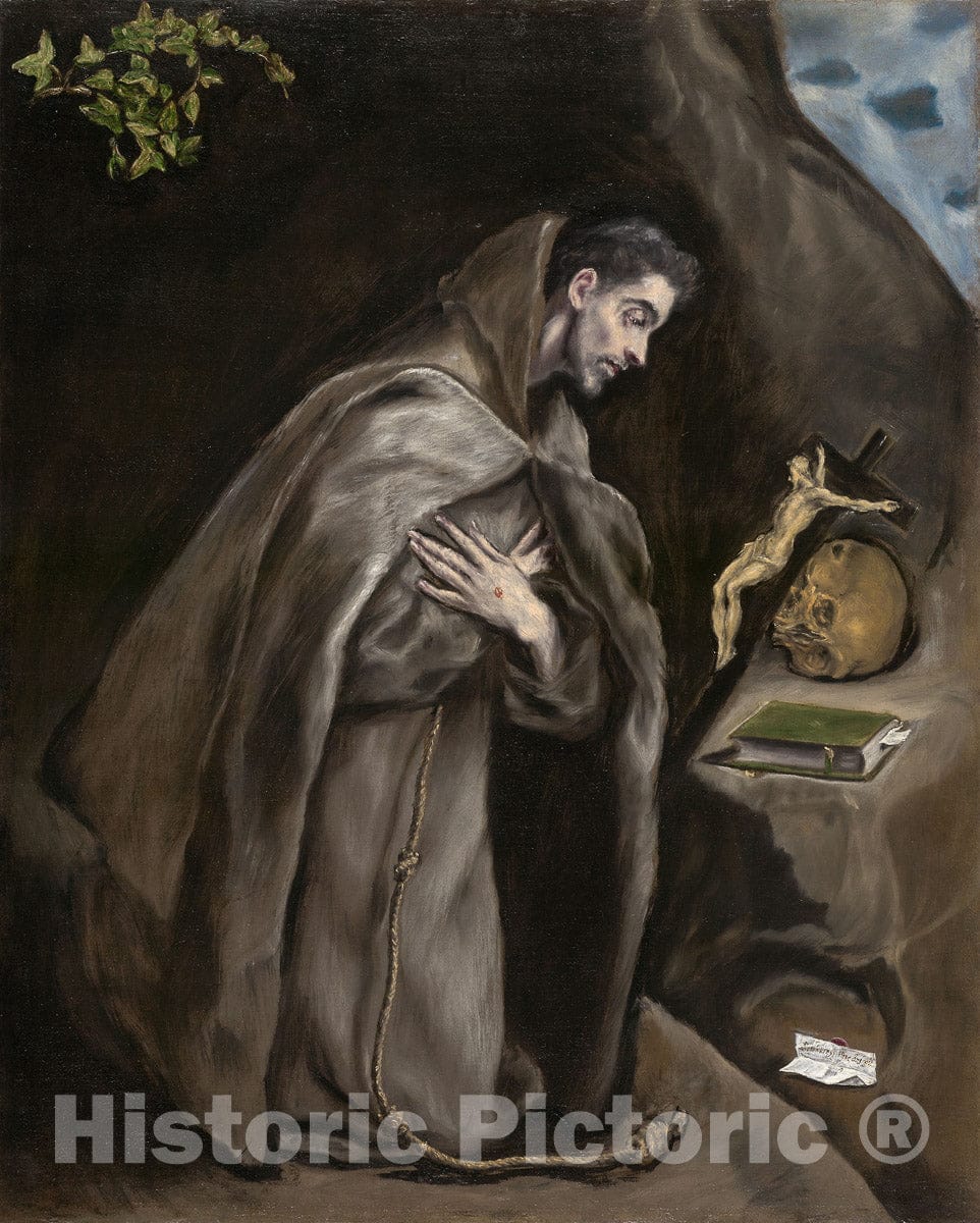 Art Print : Saint Francis Kneeling in Meditation, Domenico TheotokÃ³poulos, called El Greco, c 1595, Vintage Wall Decor :