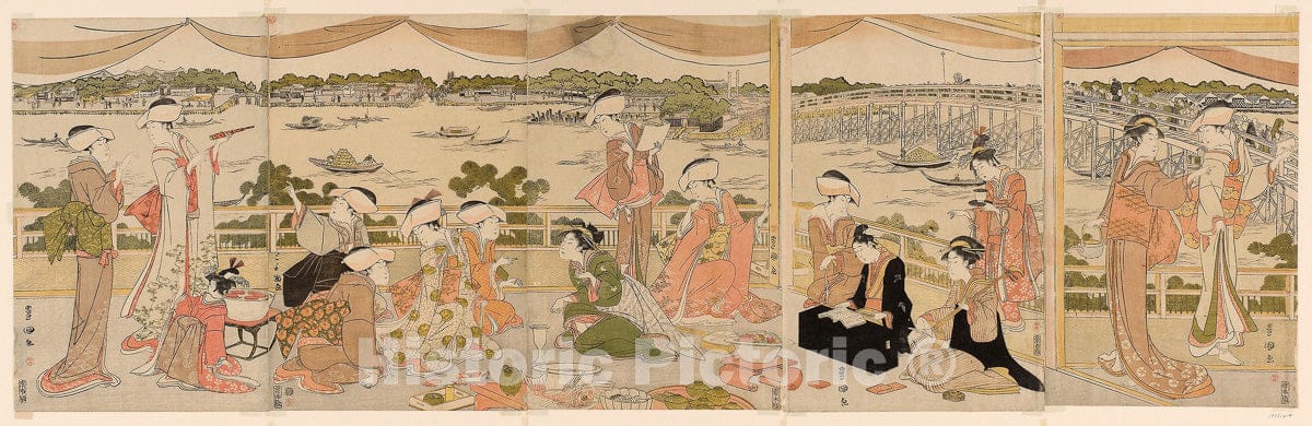 Art Print : Recital on a verandah overlooking Sumida River, Utagawa Toyokuni I, c 1792, Vintage Wall Decor :