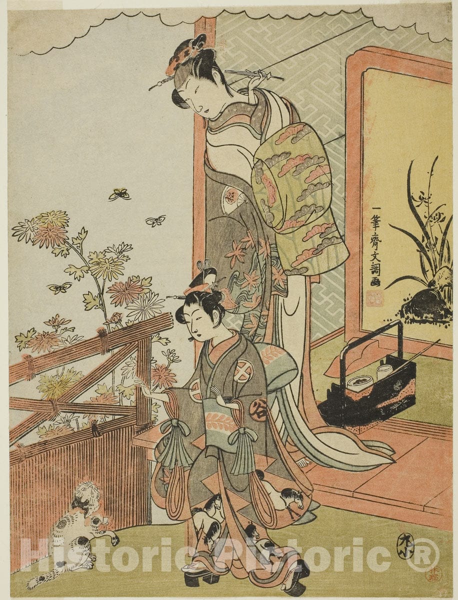 Art Print : The Actor Onoe Matsusuke I as Oiso no Tora (?) (right), and Otani Taniji (left), Ippitsusai Buncho, c 1765, Vintage Wall Decor :