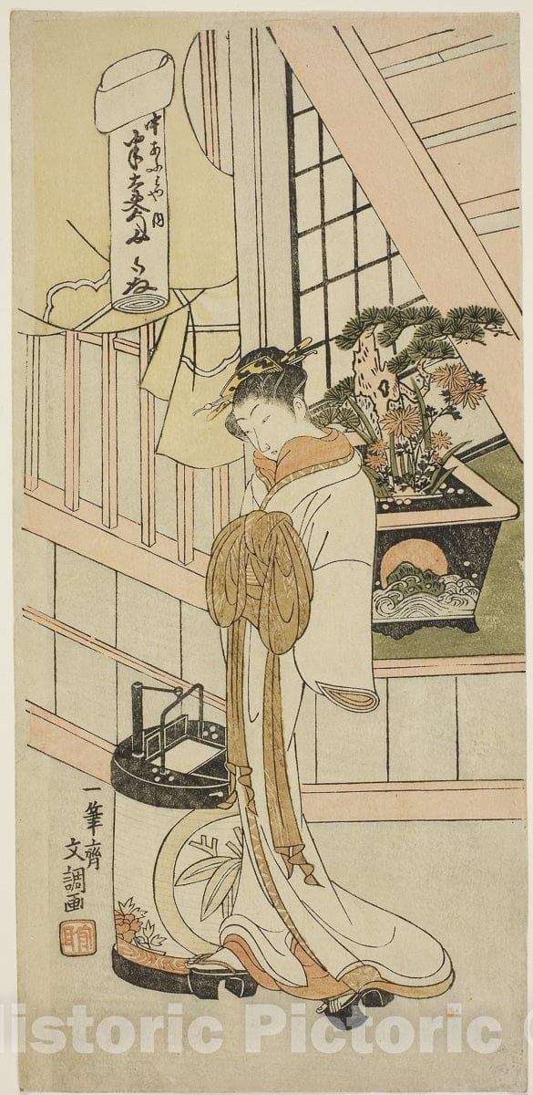 Art Print : The Courtesan Handayu of the Nakaomiya House of Pleasure, from the series "Fuji-bumi (Folded Love-letters)", Ippitsusai Buncho, c 1770, Vintage Wall Decor :