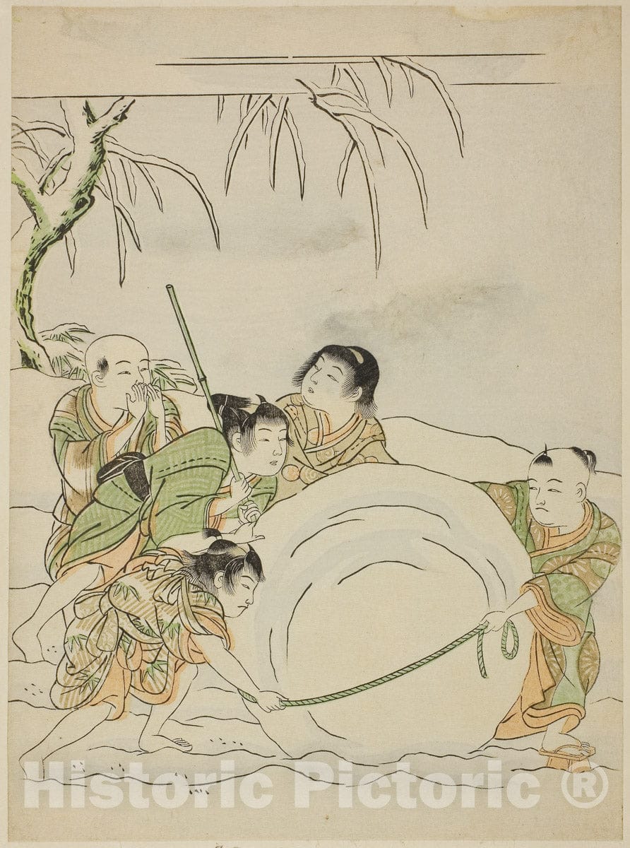 Art Print : Five Young Boys Rolling a Large Snowball, Isoda Koryusai, c 1767, Vintage Wall Decor :