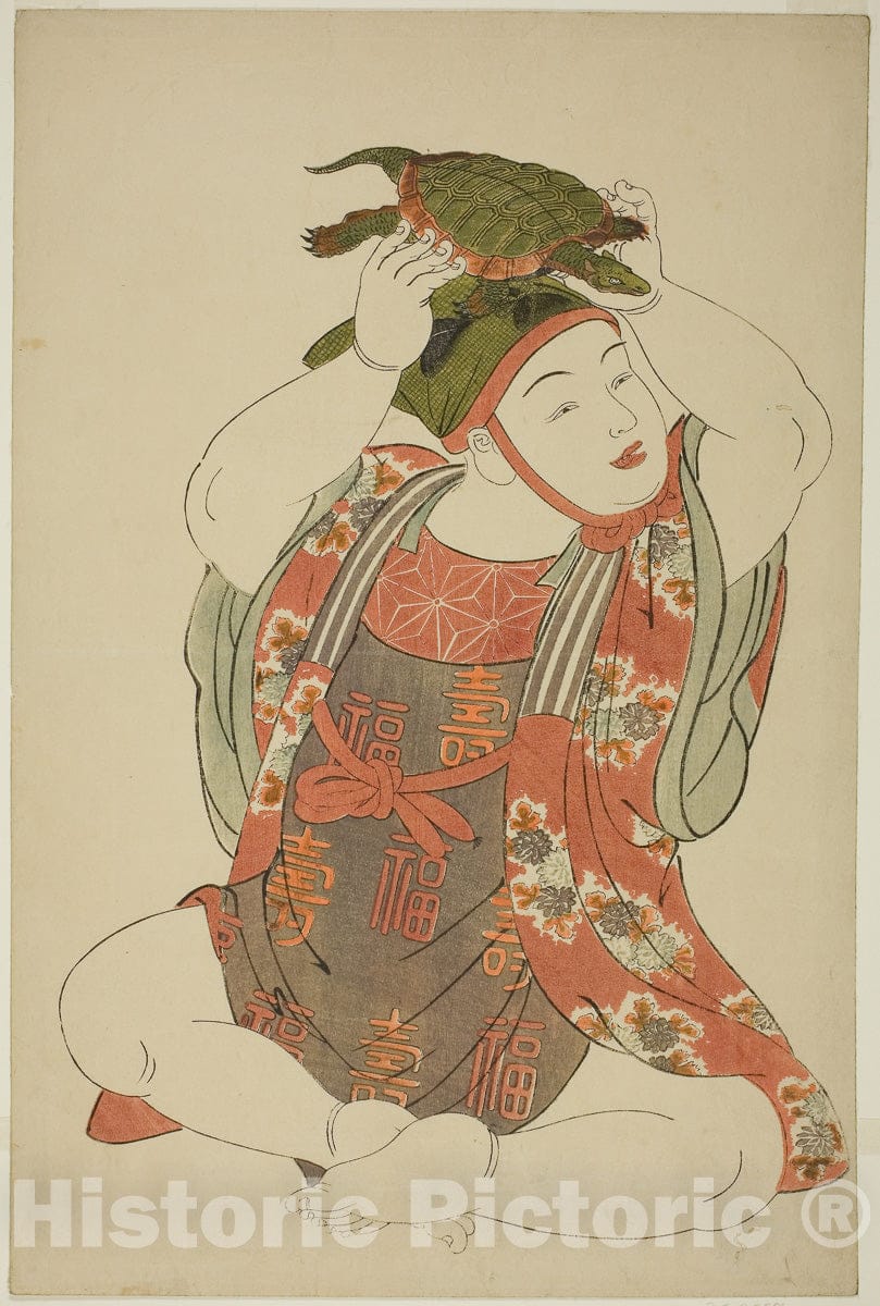 Art Print : Boy as Jurojin, from an untitled series of children as the Seven Gods of Good Fortune, Kitao Shigemasa, c 1785, Vintage Wall Decor :