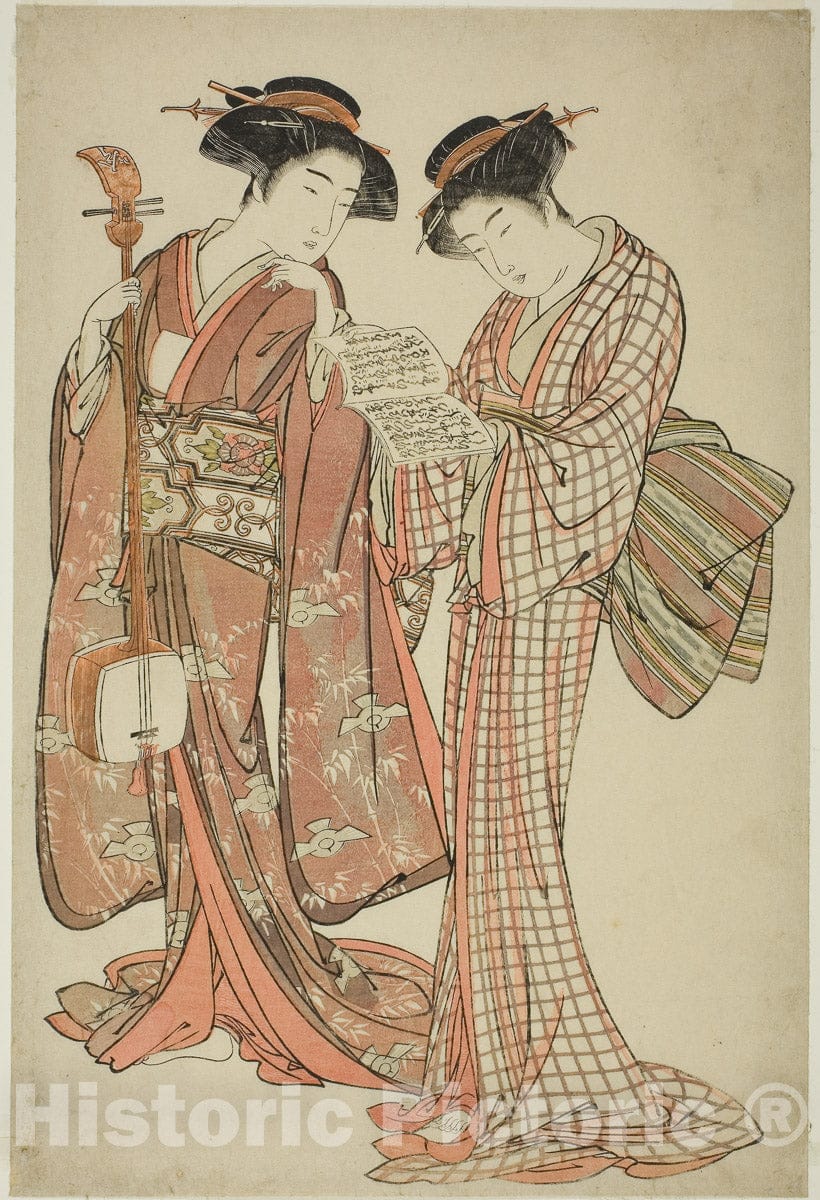 Art Print : Two Geisha Holding a Shamisen and a Song Book, Kitao Shigemasa, c 1777, Vintage Wall Decor :