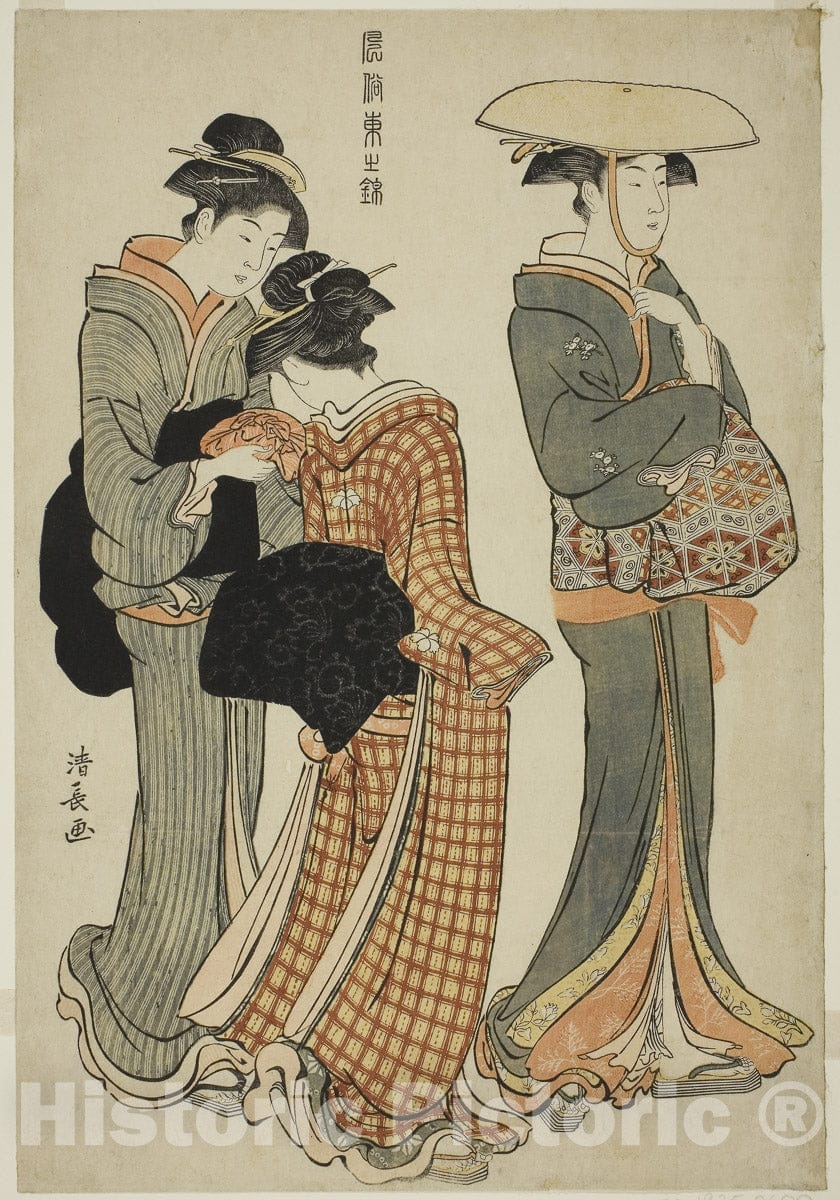 Art Print : Two Women and a Maid, from the series "A Brocade of Eastern Manners (Fuzoku Azuma no nishiki)", Torii Kiyonaga, c 1784, Vintage Wall Decor :