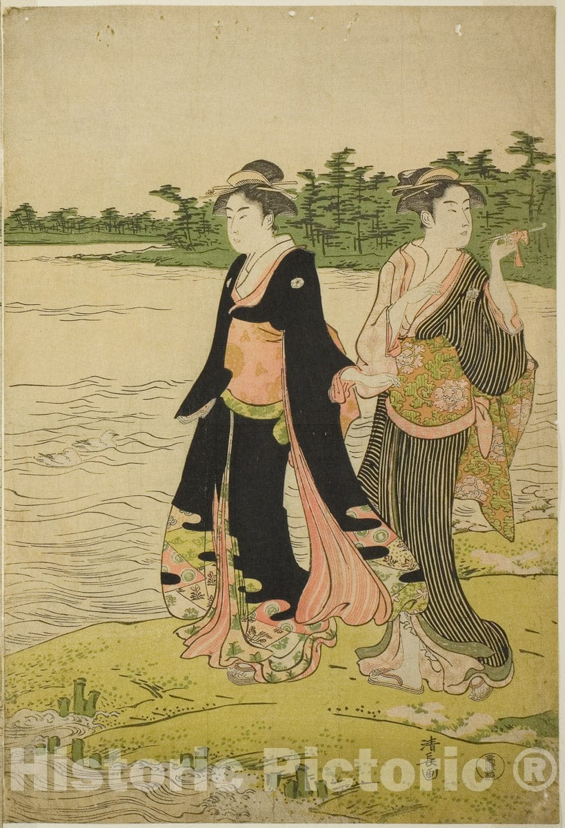 Art Print : Two Women Waiting for a Ferry on the Sumida River, Torii Kiyonaga, c 1789, Vintage Wall Decor :