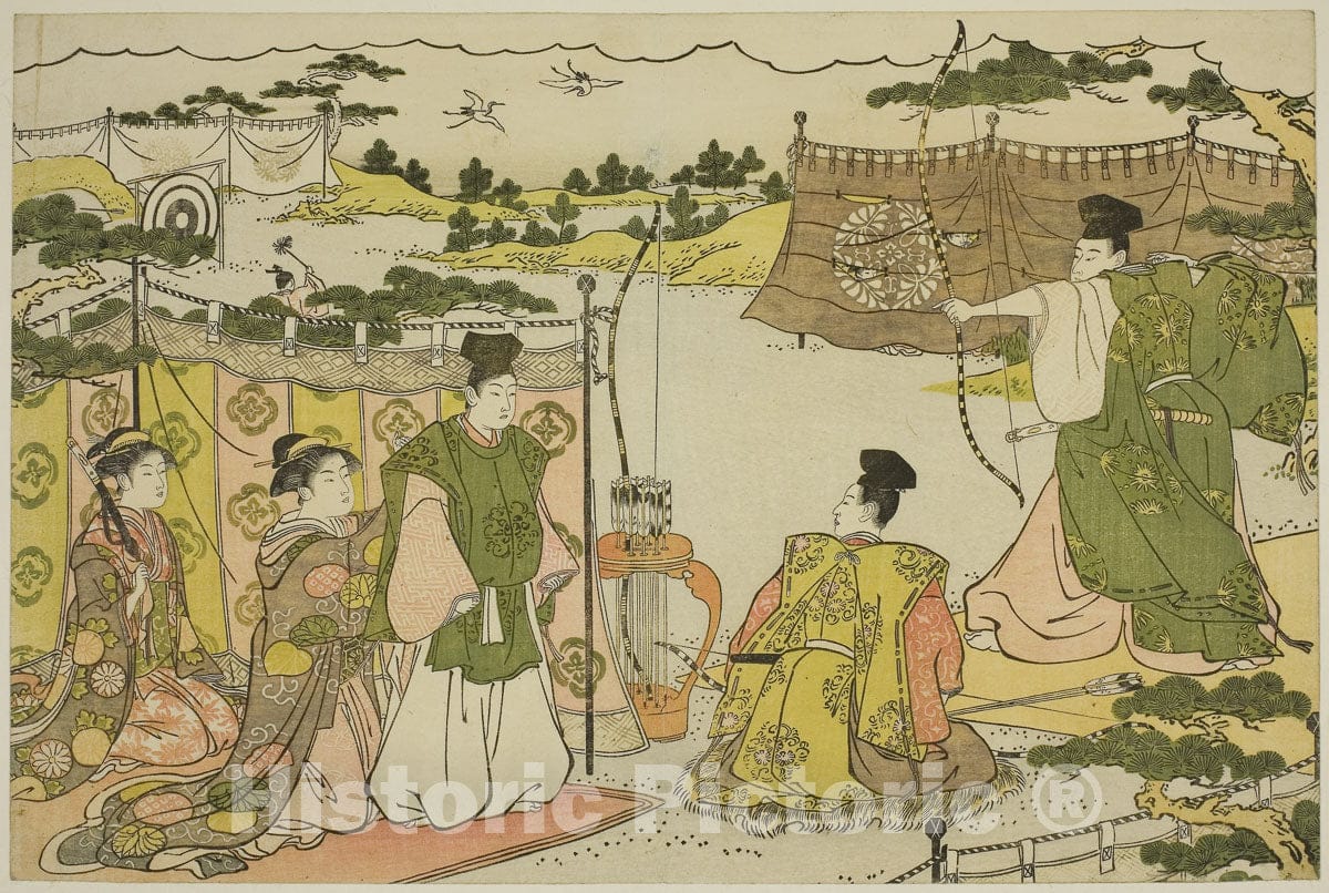 Art Print : The First Archery Practice of the New Year (Yumi hajime), from book "Colors of the Triple Dawn, Torii Kiyonaga, c 1782, Vintage Wall Decor :