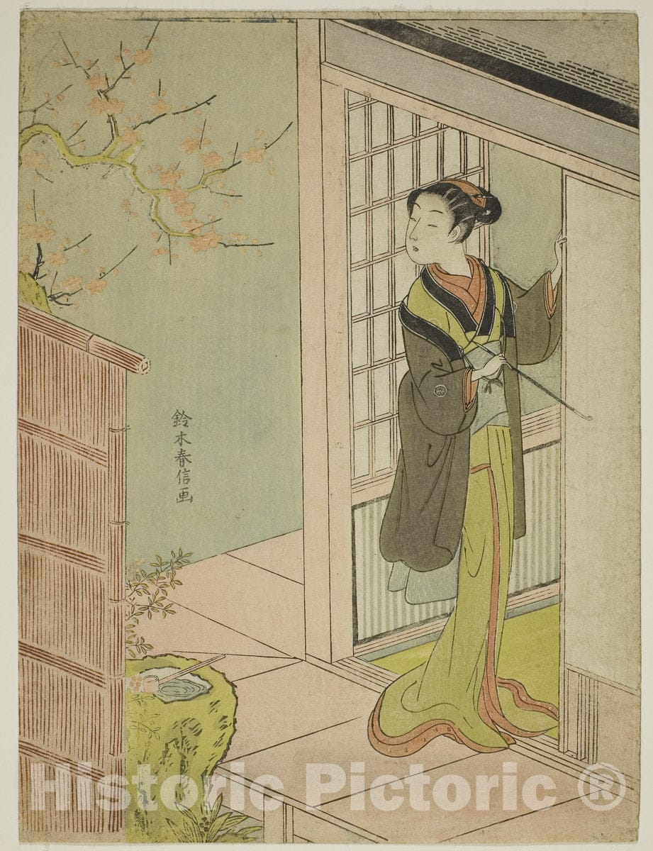 Art Print : Beauty Admiring a Bush Warbler Singing in a Plum Tree, Suzuki Harunobu, c 1766, Vintage Wall Decor :