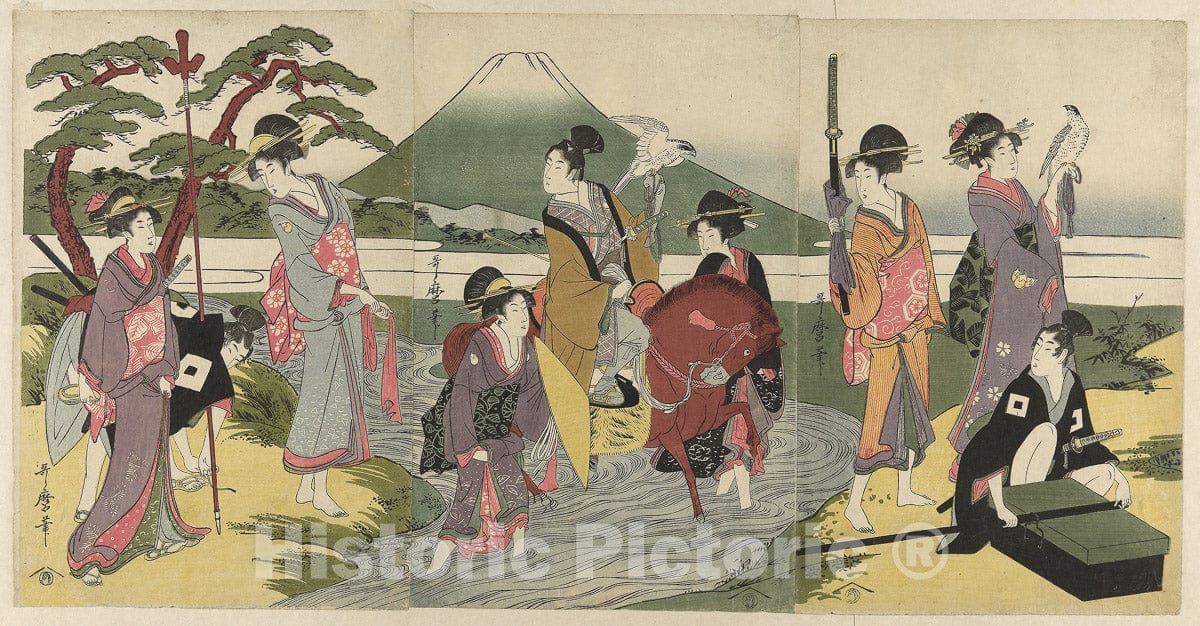 Art Print : Young man and his party crossing a stream before Mt. Fuji, Kitagawa Utamaro, c 1799, Vintage Wall Decor :