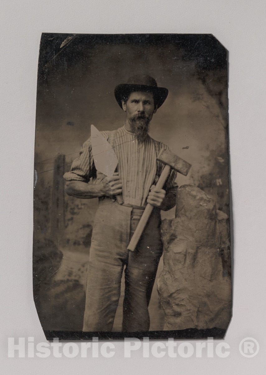 Art Print : Mason (?) Holding a Trowel and Sledgehammer - Artist Unknown : Vintage Wall Art