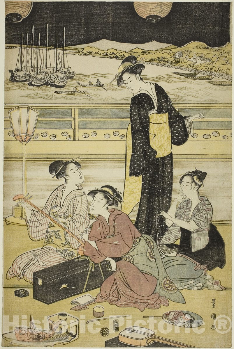 Art Print : Evening party at Shinagawa, Utagawa Toyokuni I, c 1790, Vintage Wall Decor :