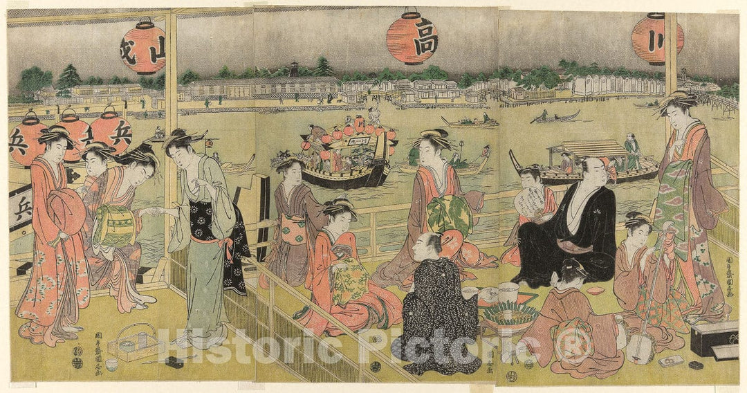 Art Print : A Banquet in a Pleasure House on the Bank of the Okawa (Okawa bata giro jo no yusen), Angyusai Enshi, c 1842, Vintage Wall Decor :