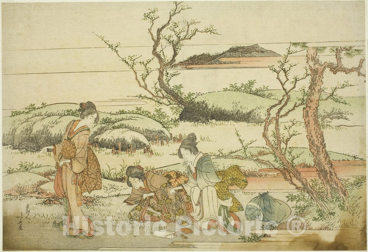 Art Print : Gathering spring greens, from the album "Fuji in Spring (Haru no Fuji)", Katsushika Hokusai, c 1803, Vintage Wall Decor :