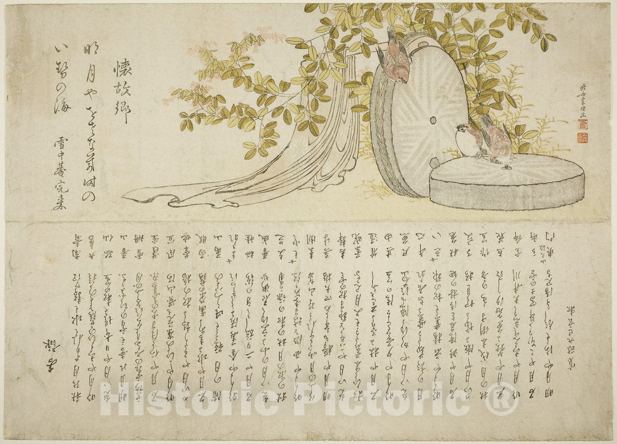 Art Print : Sparrows on Millstones with Hagi Bushes, Katsushika Hokusai, c 1797, Vintage Wall Decor :