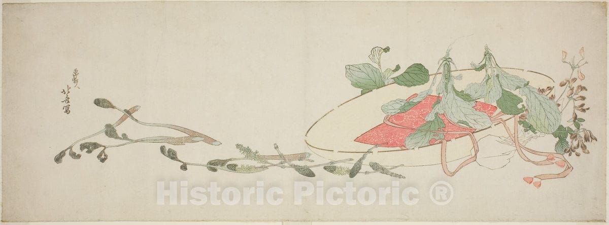 Art Print : Flowers and spring greens in a hat, Katsushika Hokusai, c 1801, Vintage Wall Decor :