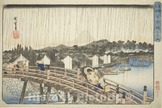 Art Print : Rain at Nihonbashi Bridge , from Famous Places in the Eastern Capital , Utagawa Hiroshige, c 1835, Vintage Wall Decor :