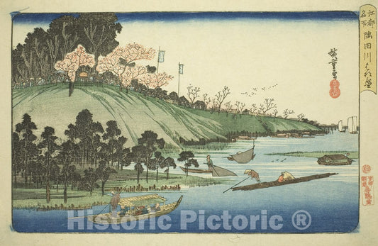 Art Print : Cherry Blossoms in Full Bloom along the Sumida River , from Famous Places in Edo , Utagawa Hiroshige, c 1833, Vintage Wall Decor :