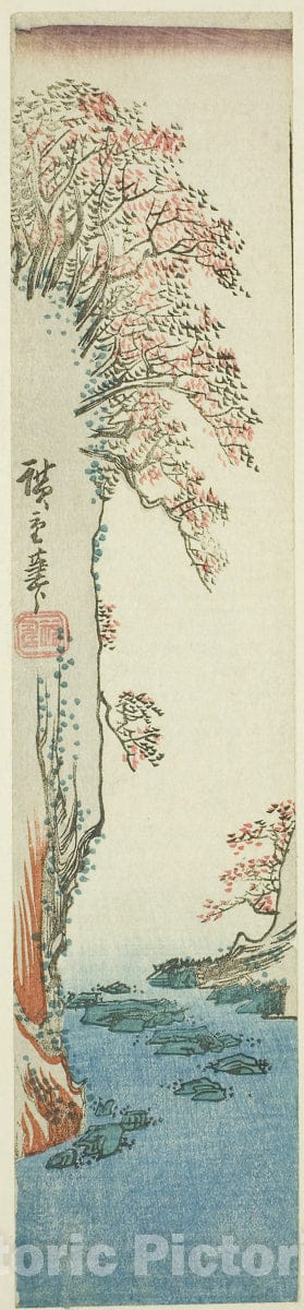 Art Print : Trees on a cliff above a river, Utagawa Hiroshige, c 1830, Vintage Wall Decor :