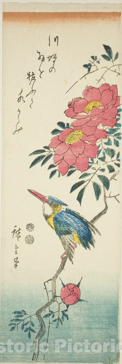 Art Print : Kingfisher and roses, Utagawa Hiroshige, c 1849, Vintage Wall Decor :