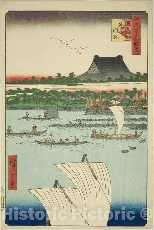 Art Print : Teppozu and Tsukiji Honganji Temple , Utagawa Hiroshige, c 1857, Vintage Wall Decor :