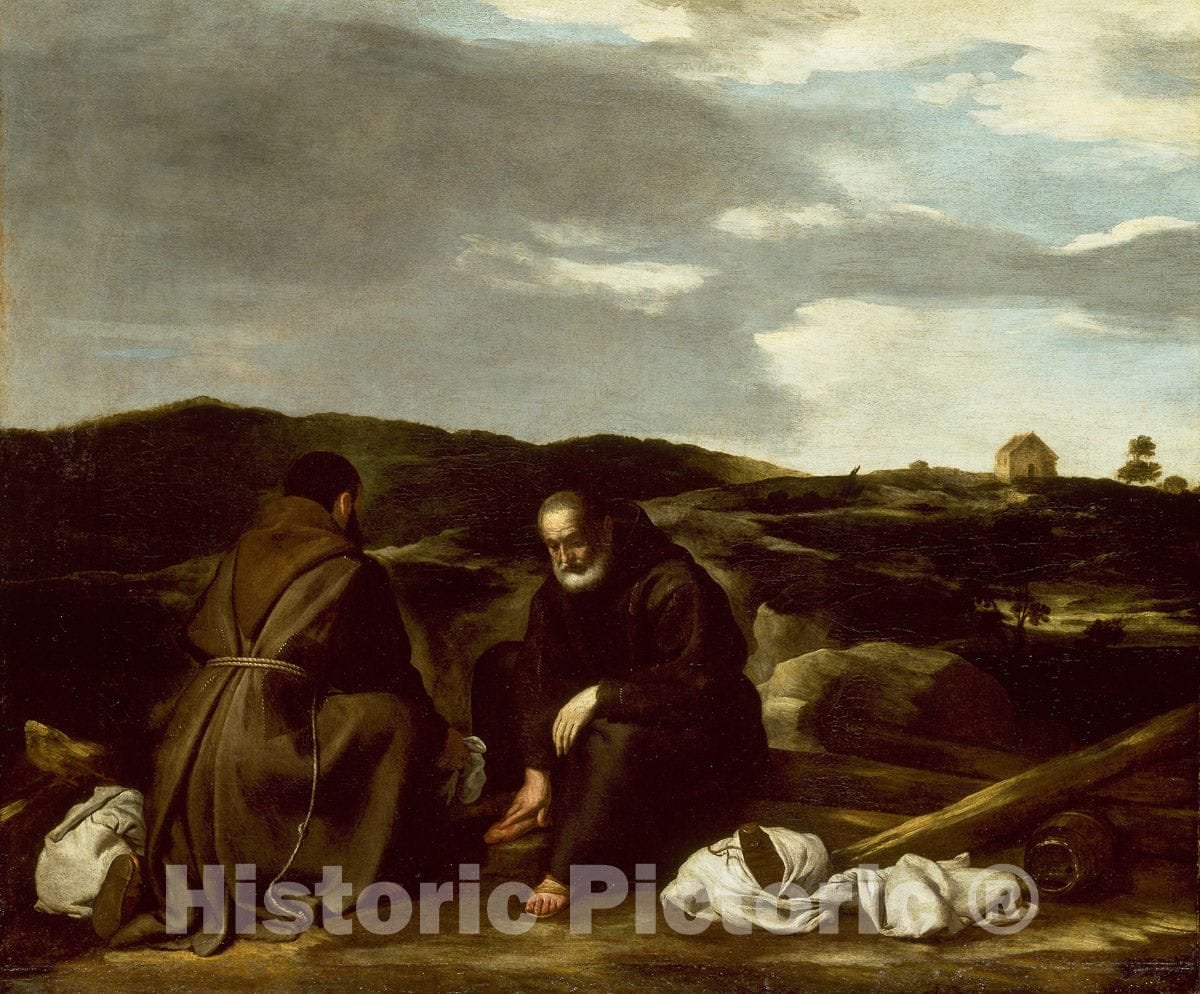 Art Print : Two Monks in a Landscape, Italian or Spanish, c 1910, Vintage Wall Decor :