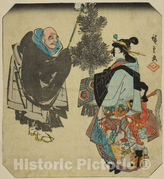 Art Print : Seki: Priest Ikkyu and the Hell Courtesan, from Fifty-three Pairings for the Tokaido Road , Utagawa Hiroshige, c 1833, Vintage Wall Decor :
