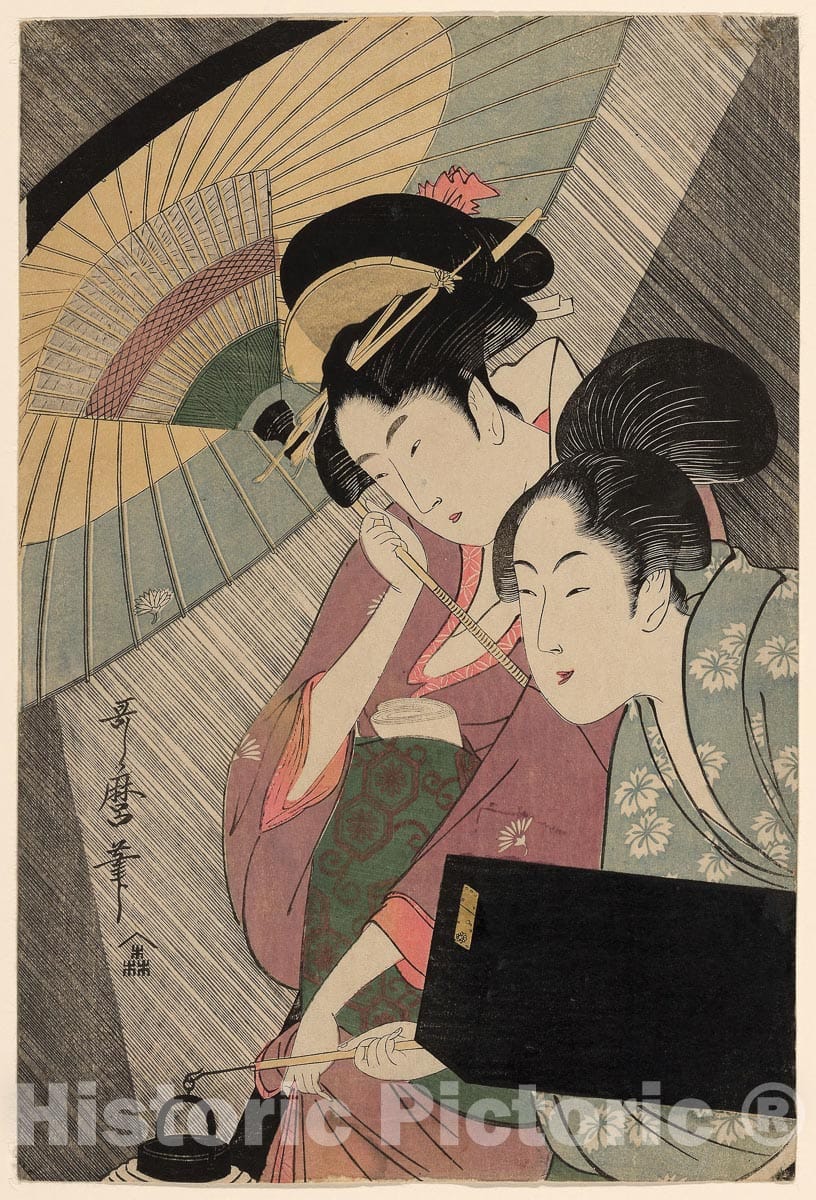 Art Print : Geisha and Attendant on a Rainy Night, Kitagawa Utamaro, c 1855, Vintage Wall Decor :