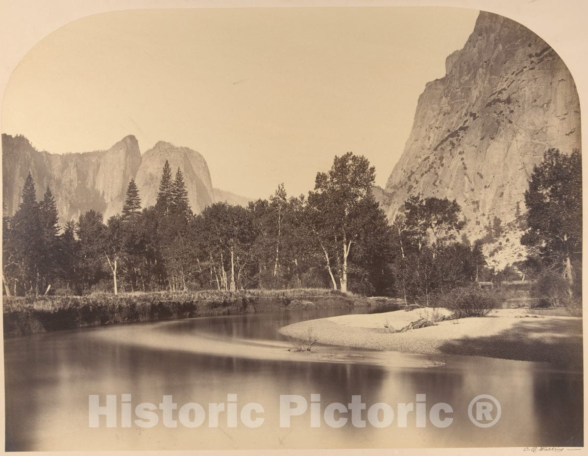 Photo Print : Carleton E. Watkins - River View, Down The Valley, Cathedral Rock on Left : Vintage Wall Art
