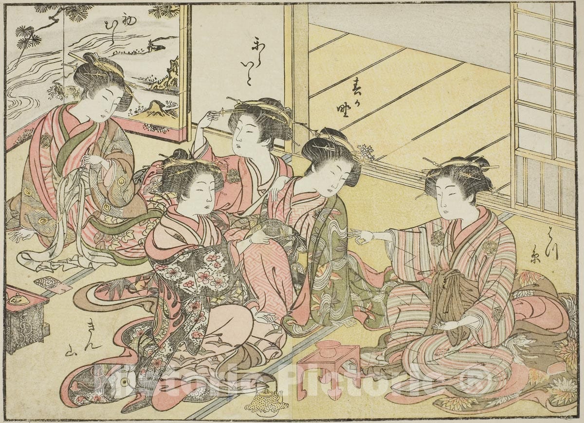 Art Print : Courtesans of the Gakuiseya, from "Mirror of Beautiful Women of the Pleasure Quarters, Katsukawa Shunsho, c 1776, Vintage Wall Decor :