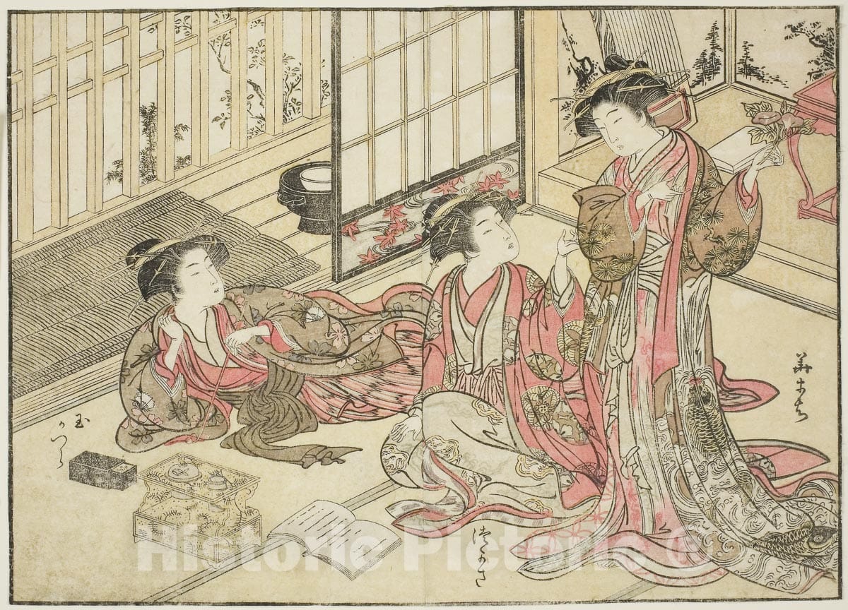 Art Print : Courtesans of Kado Daikokuya, from "Mirror of Beautiful Women of the Pleasure Quarters, Kitao Shigemasa, c 1776, Vintage Wall Decor :