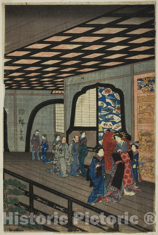 Art Print : Upper Floor of the Gankiro in Yokohama (Yokohama Gankiro age), Utagawa Hiroshige II (Shigenobu), c 1797, Vintage Wall Decor :