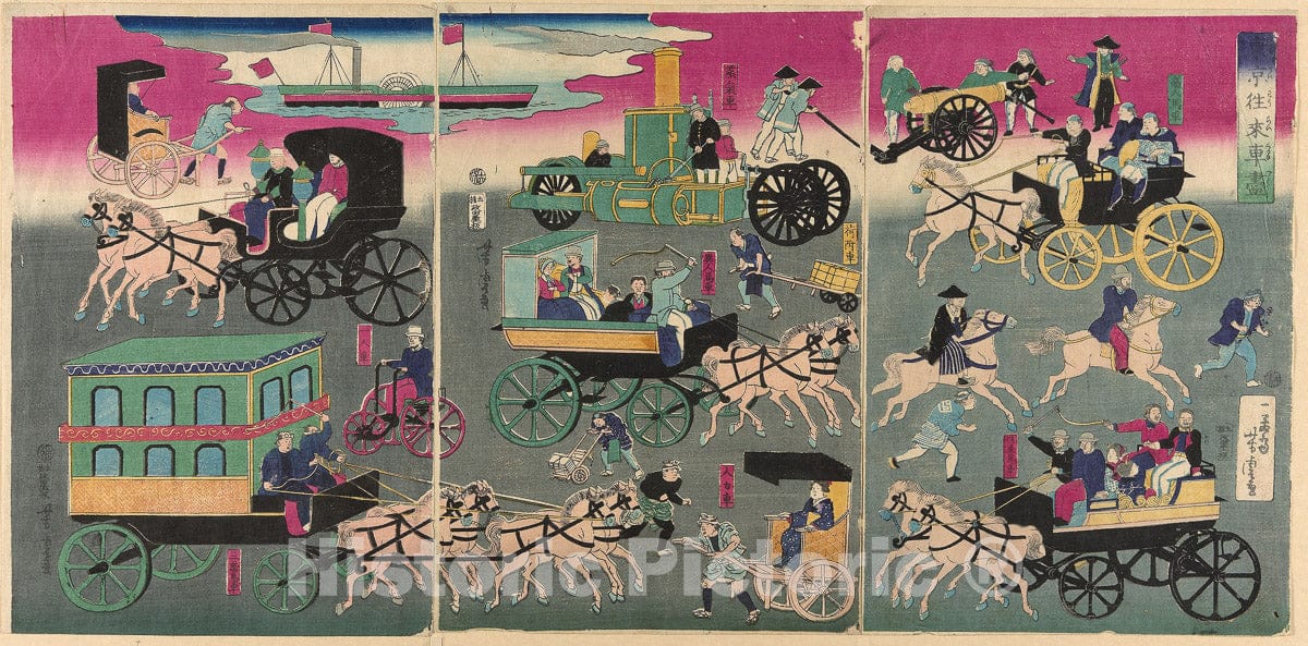 Art Print : Vehicles on the Streets of Tokyo (Tokyo orai kuruma zukushi), Utagawa Yoshitora, c 1865, Vintage Wall Decor :