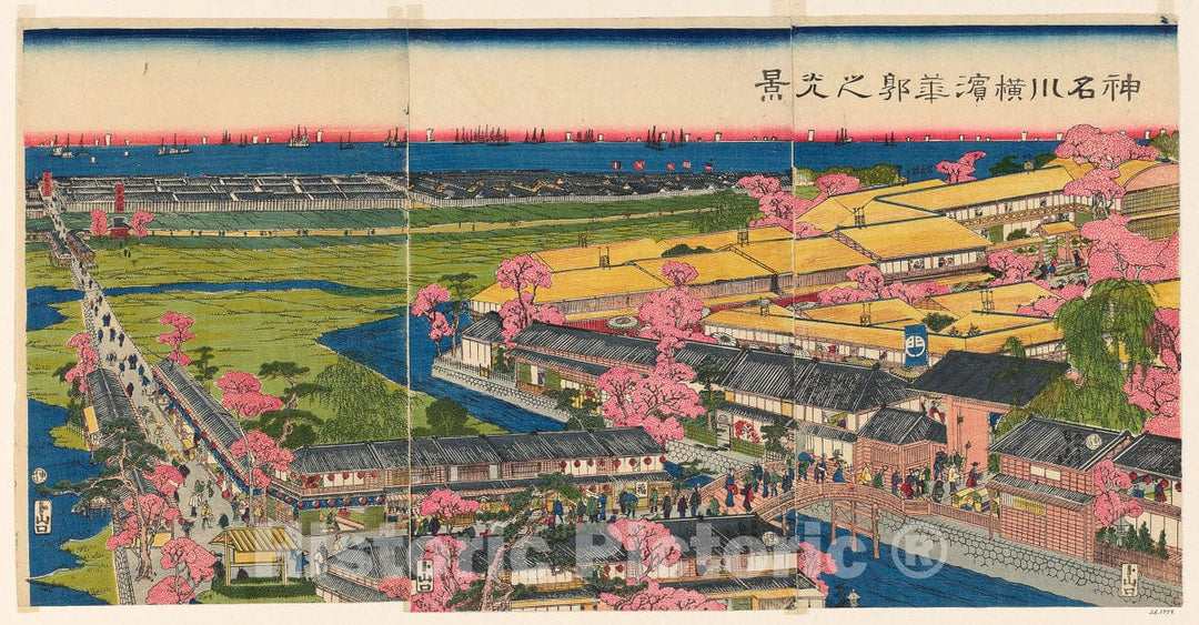 Art Print : Panoramic View of the Pleasure Quarters in Yokohama, Kanagawa (Kanagawa Yokohama hanakuruwa no kokei), Utagawa Sadahide, c 1840, Vintage Wall Decor :