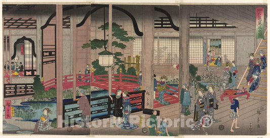 Art Print : The Interior of the Gankiro in Yokohama (Yokohama Gankiro mikomi no zu), Utagawa Hiroshige II (Shigenobu), c 1839, Vintage Wall Decor :