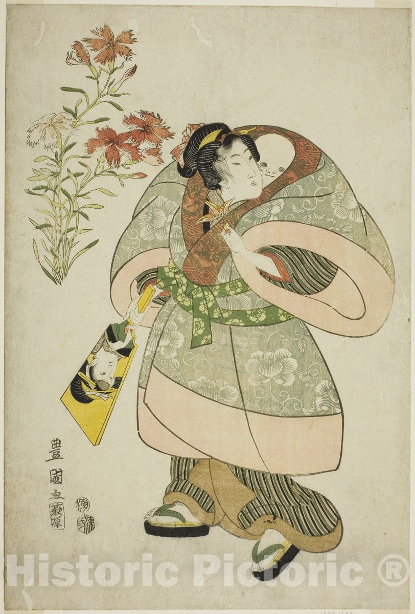 Art Print : Pinks: nurse and baby, from an untitled series of beauties and flowers, Utagawa Toyokuni I, c 1816, Vintage Wall Decor :
