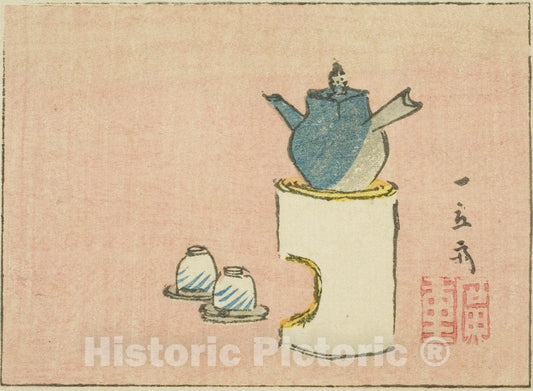Art Print : Teapot and cups, section of a sheet from a series of untitled harimaze prints, Utagawa Hiroshige, c 1852, Vintage Wall Decor :