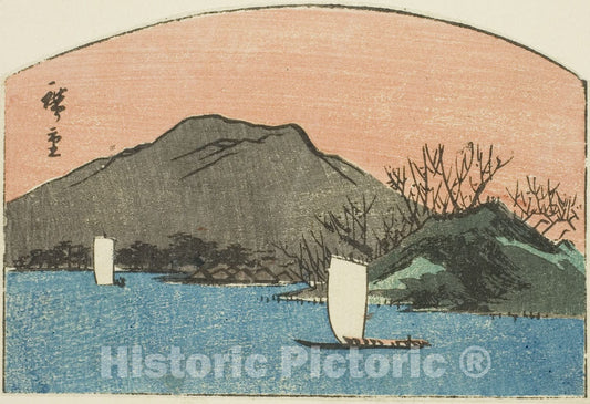Art Print : Boats on lake, section of an untitled harimaze print, Utagawa Hiroshige, c 1850, Vintage Wall Decor :