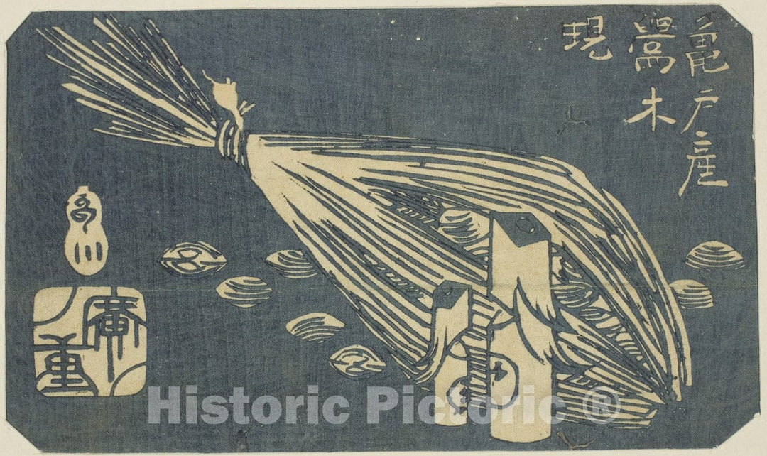 Art Print : Warbler Wood Carvings and Clams of Kameido (Kameido san Uguisu ki shijimi), section of a sheet , Utagawa Hiroshige, c 1856, Vintage Wall Decor :